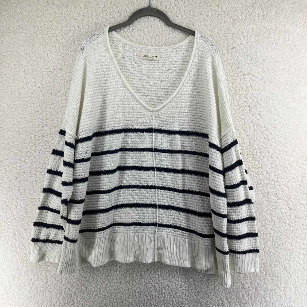 Lucky Brand Womens 2X White Navy Striped V-Neck Knit Pullover Sweater Nautical